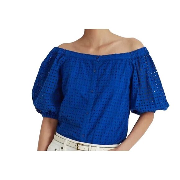 Ralph Lauren Top Women 3X Blue Off Shoulder Eyelet Feminine Preppy Old Money 80s - Picture 1 of 14